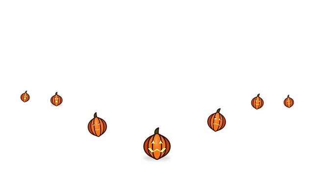 Premium 2D cartoon animation of a parade of Halloween jack-o'-lanterns rolling and marching forward toward the camera. Features varied expressions, parallax depth, squash-and-stretch physics, and a se