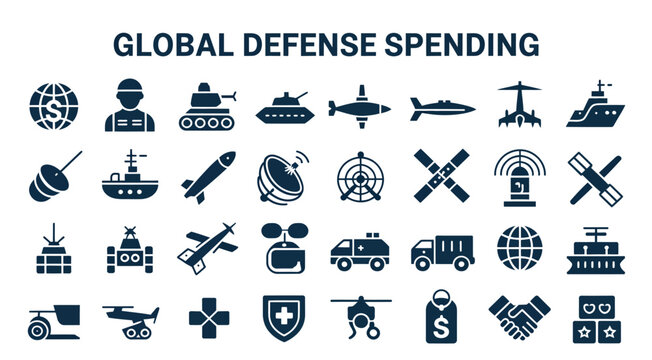 A compilation of global defense spending icons in dark blue, depicting military equipment, vehicles, and strategic assets for defense contexts.
