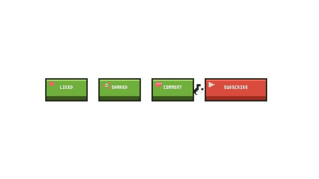 Premium 2D pixel-art animation featuring Minecraft-inspired voxel UI buttons for Like, Share, Comment, and Subscribe. A seamless 10-second loop showcasing a block-press cascade interaction with a hand