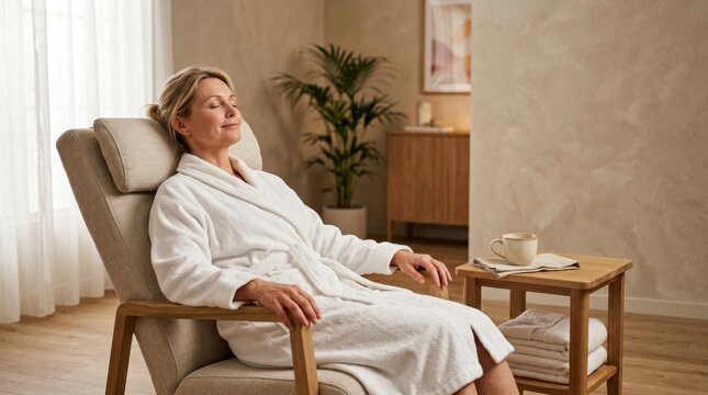 Relaxed woman in a white bathrobe resting with closed eyes in a cozy spa room, seated in an armchair beside a tea cup and folded towels, calm wellness and home relaxation scene for advertising and edi