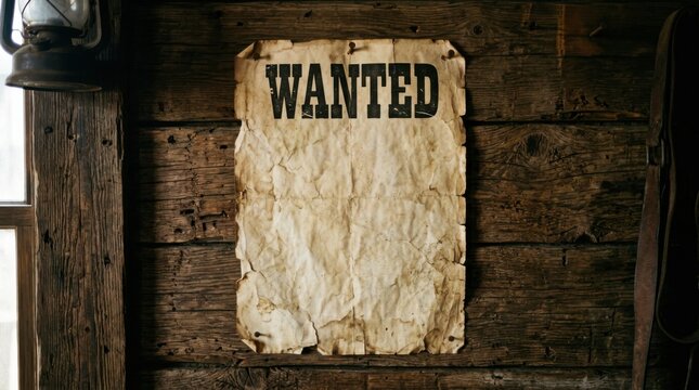 An aged, crinkled 'WANTED' poster with empty space for a criminal's likeness is affixed to weathered wooden planks, evoking the rustic atmosphere of the wild west frontier, ready for a notorious