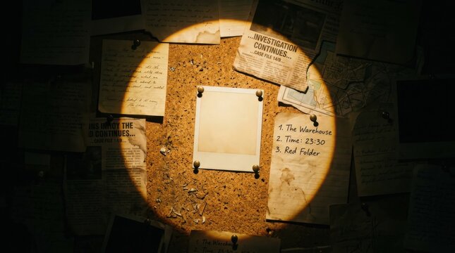 A circular beam of warm light illuminates a square section of a cork bulletin board adorned with various pinned notes, papers, and photographs, creating a dramatic and mysterious atmosphere