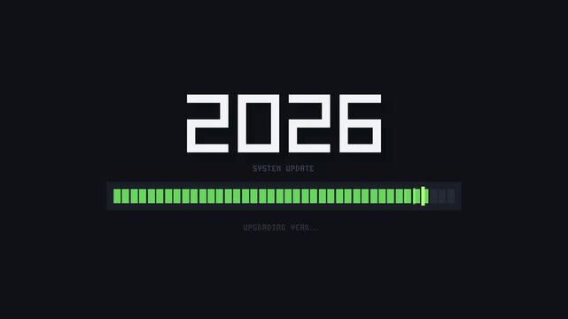 Premium 2D pixel-art animation of a loading bar progressing from 0% to 100%, culminating in a deterministic pixel morph that transforms the year 2026 into 2027. Features crisp voxel aesthetics, energe