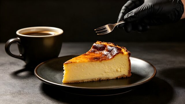 Basque burnt cheesecake slice on plate with coffee and hand in black glove holding fork  