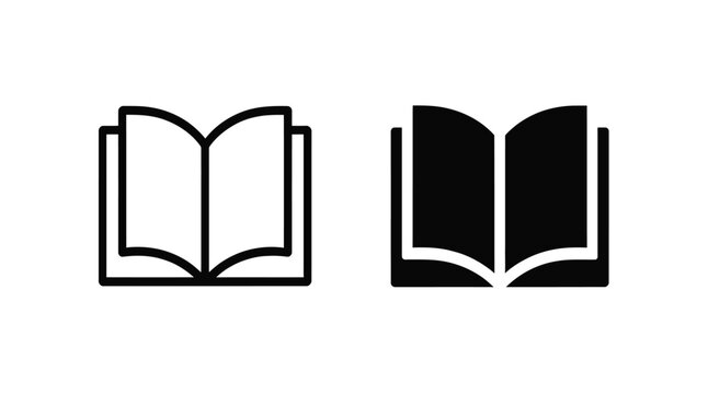 Opened book linear and glyph icons set, educational library symbol, textbook or notebook reading.