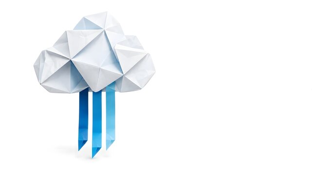 Geometric Origami Cloud with Blue Data Stream Ribbons on White Background