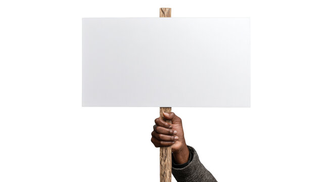 Human hand holding blank white protest sign board on rustic wooden stick, empty banner placard mockup with copy space on white background