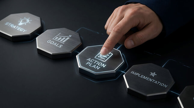 Businessman pressing action plan button on interactive digital business panel