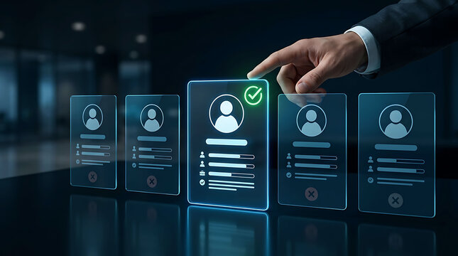 HR manager selecting candidate resume using futuristic digital holographic interface