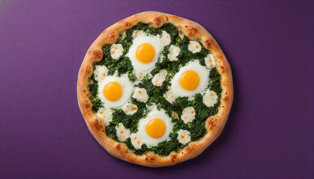 Pizza with spinach and fried eggs on a purple background