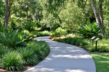 Obraz premium Winding concrete path through lush botanical garden