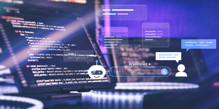 Concept of AI-assisted programming. Monitor with code and a floating generative AI chat interface with a prompt box.