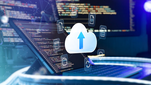 Cloud Computing and Data Upload in Software Development Workspace. Programmer Managing Cloud Storage and File Synchronization