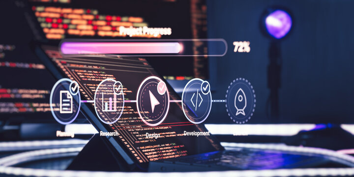 Software development lifecycle concept with project progress dashboard over computer programming code