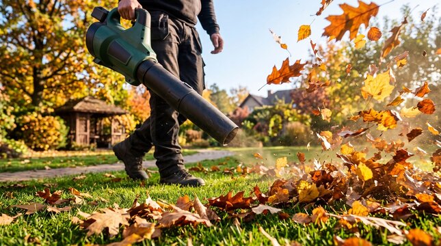 Gardener using a powerful leaf blower to clear golden fallen leaves from a green lawn in a residential garden on a sunny autumn day.
