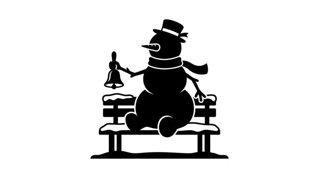 Christmas snowman silhouette sitting on bench with bell