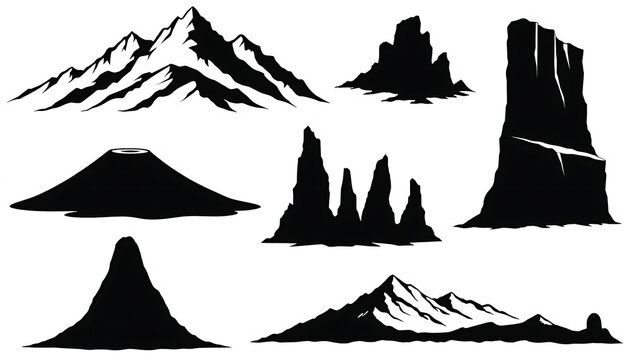 Silhouettes of mountains, cliffs, volcanoes, and rocks set with nature and landscape themes on transparent background.