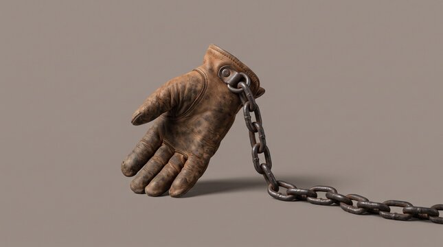 Leather glove shackled to iron chain isolated on grey background representing hard labor and restriction