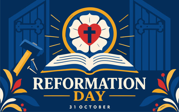 Reformation Day 2026 with Luther Rose, Martin Luther and Protestant Reformation Symbols Vector Illustration
