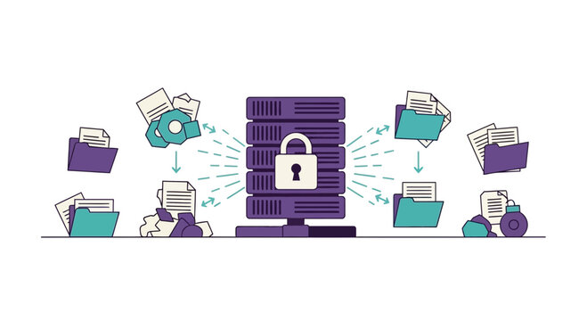 Secure Server Network with Padlock and File Protection Illustration