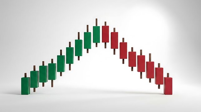 Wooden stock market candlestick chart showing a bullish trend rising and then reversing into a bearish downturn