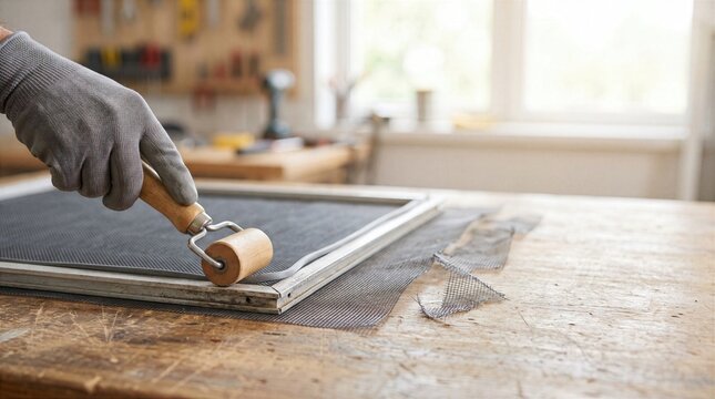 Repairing window screen mesh with spline roller