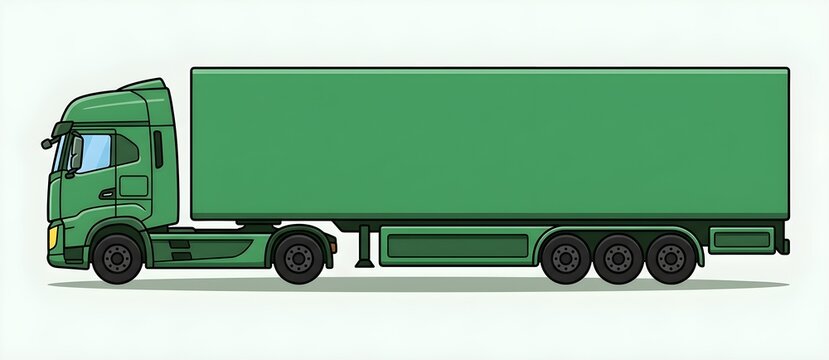 Ilustrasi vektor truk kontainer atau semi-trailer berwarna hijau tampak dari samping dengan latar belakang putih. Menampilkan desain karoseri modern, kabin kemudi, dan trailer kargo yang cocok untuk k
