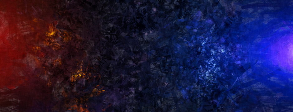 Abstract grunge background with contrasting red and blue neon glow and dark copy space.