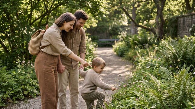 A happy young family explores a botanical garden on a sunny day.