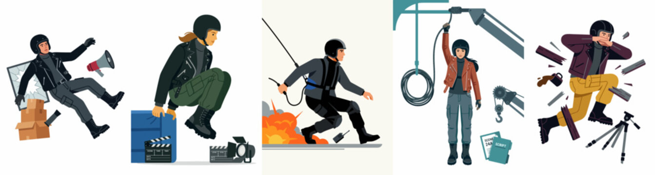 Vector illustrations depicting various stunt performers and film crew members engaged in high-action movie production scenes, including explosions, jumps, and falls.