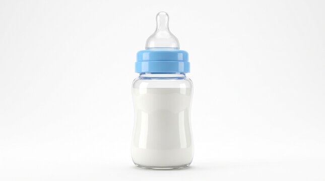 Clear glass baby bottle with light blue cap filled with white milk for infant feeding on white surface.