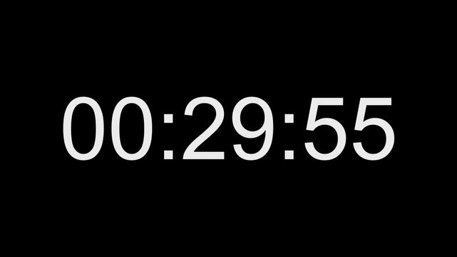 Digital clock display showing twenty nine minutes and fifty five seconds on black background.