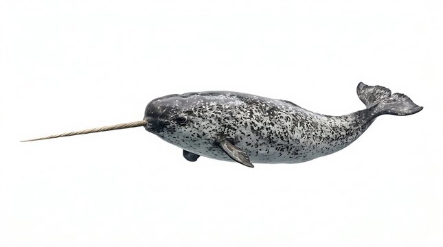 Majestic narwhal swimming with its iconic long tusk spotted and mottled skin isolated on white background