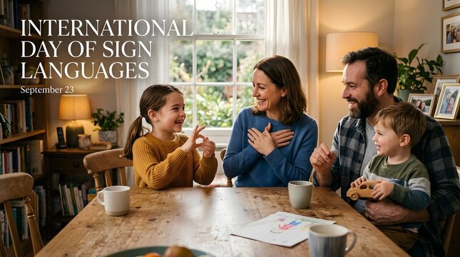Family communicating with sign language at home table for international day