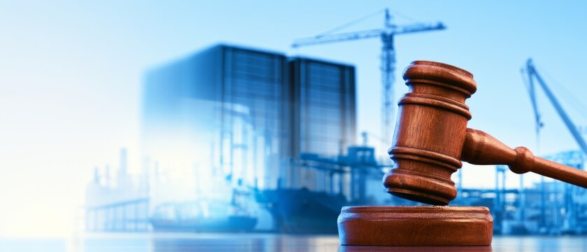 Construction Law and Building Regulation Concept with Judge Gavel and Cranes at Modern Development Site