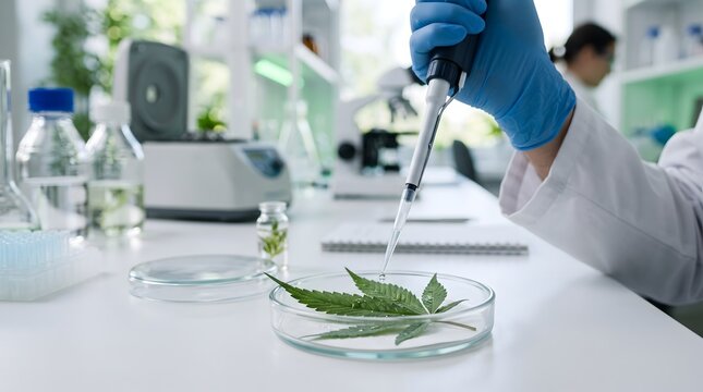 Scientist using pipette to test cannabis leaf in a laboratory