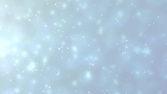 幻想的な光の中を横に流れる雪の結晶とパーティクルのループ背景動画 / A looping background video featuring snow crystals and particles drifting horizontally through a magical, glowing light