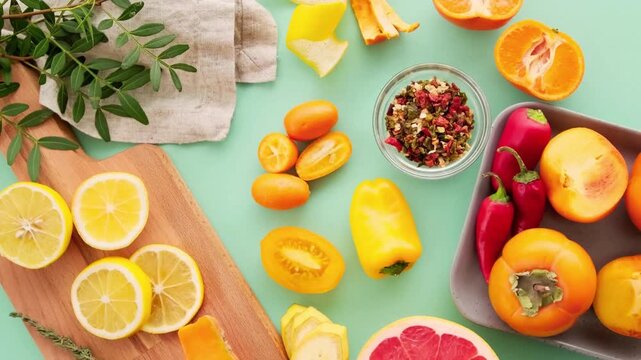 Freshly sliced citrus and peppers arranged on wooden board and glass bowl for healthy meal prep