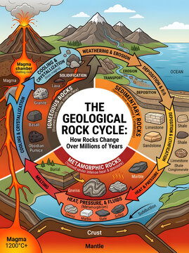 Detailed rock cycle diagram with thermal processes and geological formations.