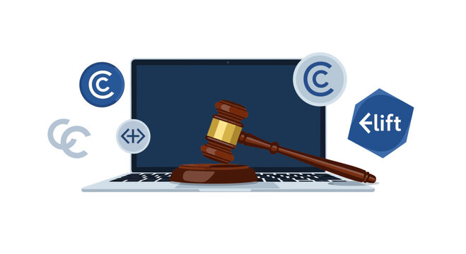 Digital Copyright Law Concept: Laptop with Judge's Gavel and Intellectual Property Symbols
