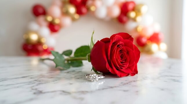 Beautiful single red rose flower with a sparkling diamond engagement ring on a white marble surface background
