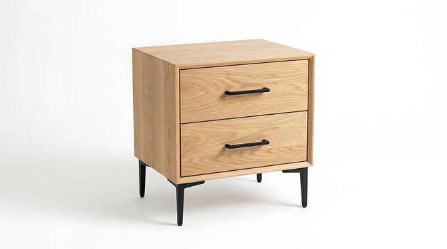 Modern wooden bedside table with two drawers and black metal legs isolated on white background