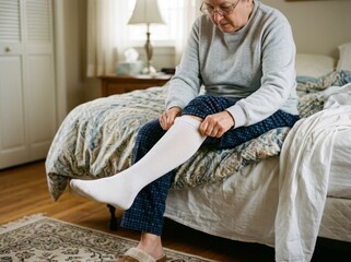 Fototapeta premium Senior woman putting on white compression socks while sitting on the edge of her bed at home
