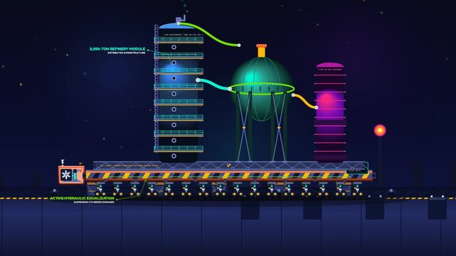 2D animation of a Self-Propelled Modular Transporter SPMT carrying a massive 2000-ton refinery module showcasing active hydraulic equalization and synchronous steering logic