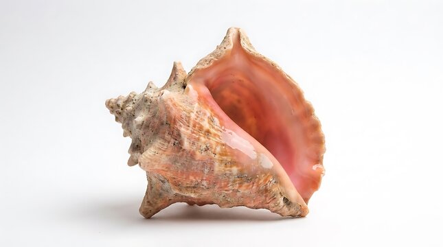 Beautiful pink conch shell with textured exterior and smooth inner aperture isolated on white background