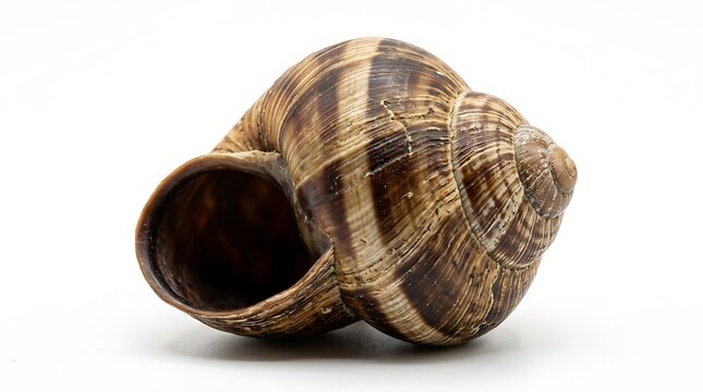 Close up of an empty brown striped snail shell isolated on white background showing natural patterns and spiral texture