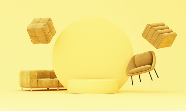 Creative 3D furniture display with yellow chairs and poufs arranged around a round podium on a bright pastel background, ideal for modern decor, product showcase, and design concepts.