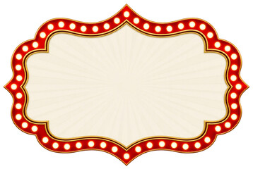 Vintage red and gold marquee frame with glowing round lights and an elegant blank cream center, isolated on a transparent background. Ornate decorative sign template suitable for theater, carnival, ci © DwiAmelia