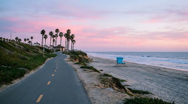 Scenic coastal bicycle path winding along sandy beach with palm trees and blue lifeguard tower under a pink sunset sky