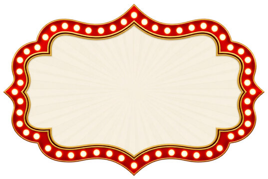 Vintage red and gold marquee frame with glowing round lights and an elegant blank cream center, isolated on a transparent background. Ornate decorative sign template suitable for theater, carnival, ci